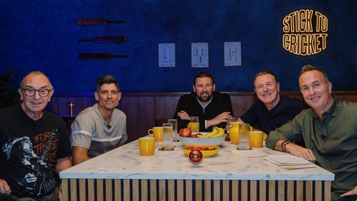 Steve Harmison, Sir Alastair Cook, Michael Vaughan, David ‘Bumble’ Lloyd, and Phil ‘Tuffers’ Tufnell sat around the table at the Stick to Cricket set